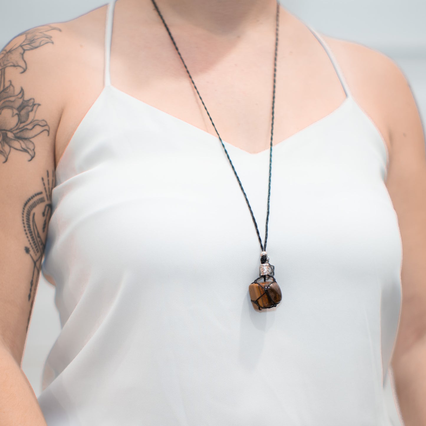 Adjustable black necklace with Tiger Eye Stone