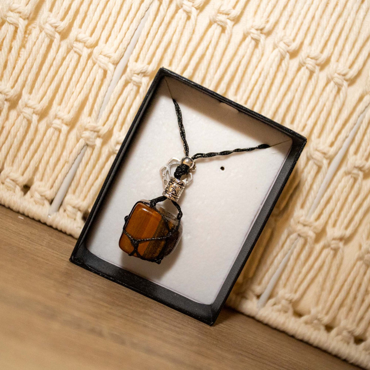 Adjustable black necklace with Tiger Eye Stone