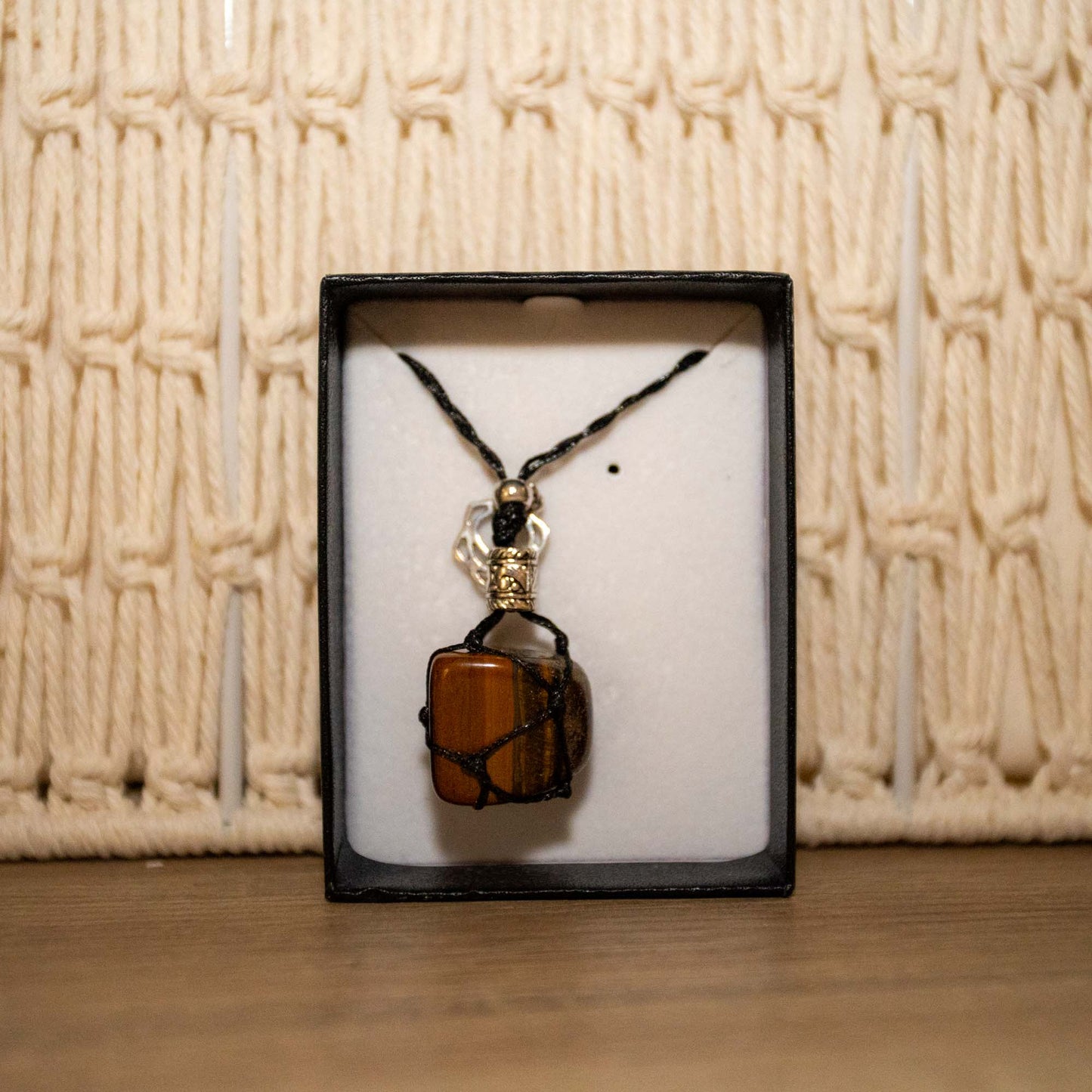 Adjustable black necklace with Tiger Eye Stone