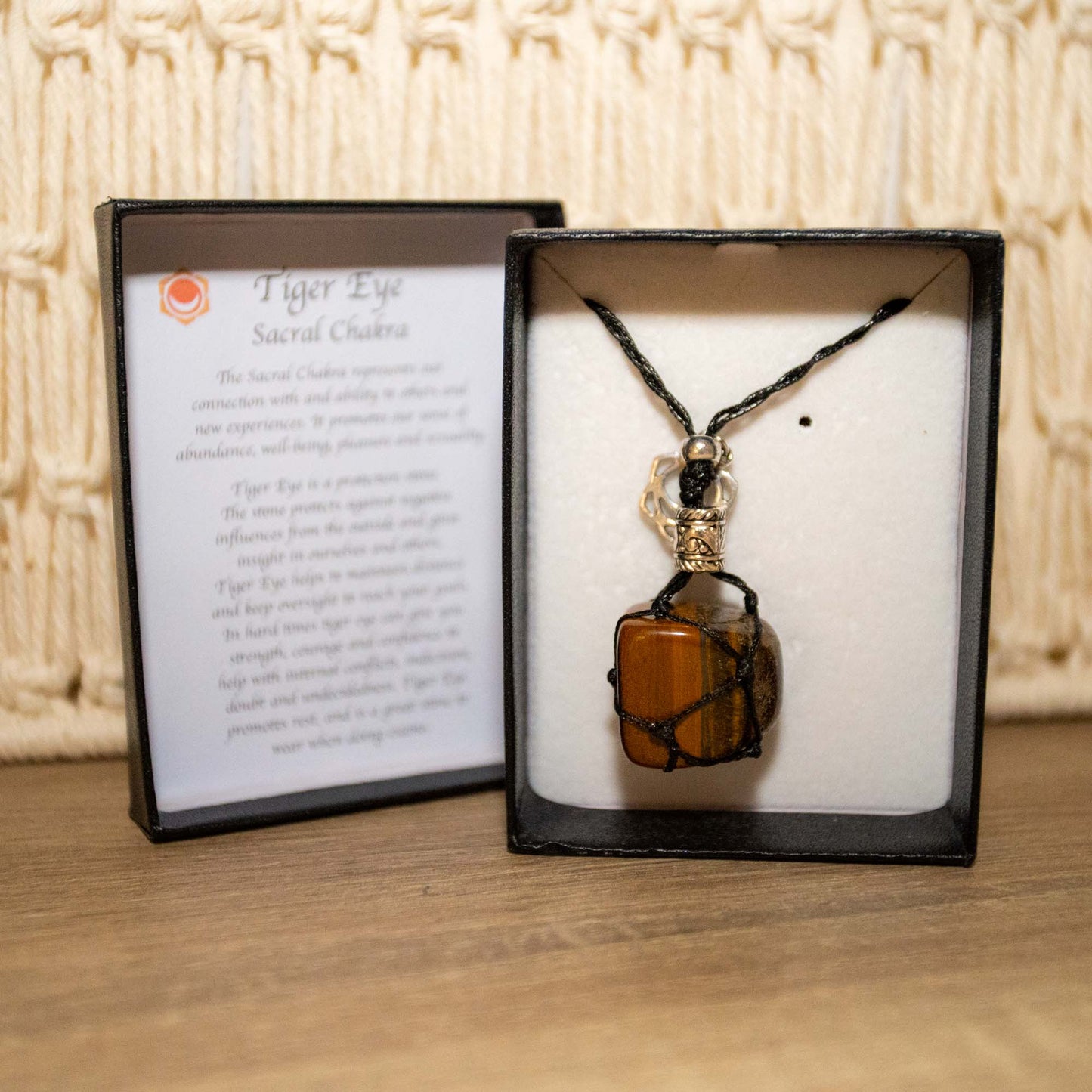 Adjustable black necklace with Tiger Eye Stone